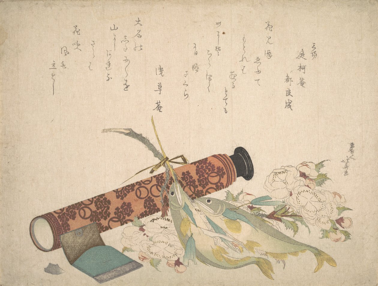 Stilleben: Dobbelt kirsebærblomstgren, teleskop, sød fisk og vævsetui, c..., ca. 1804-13. af Katsushika Hokusai