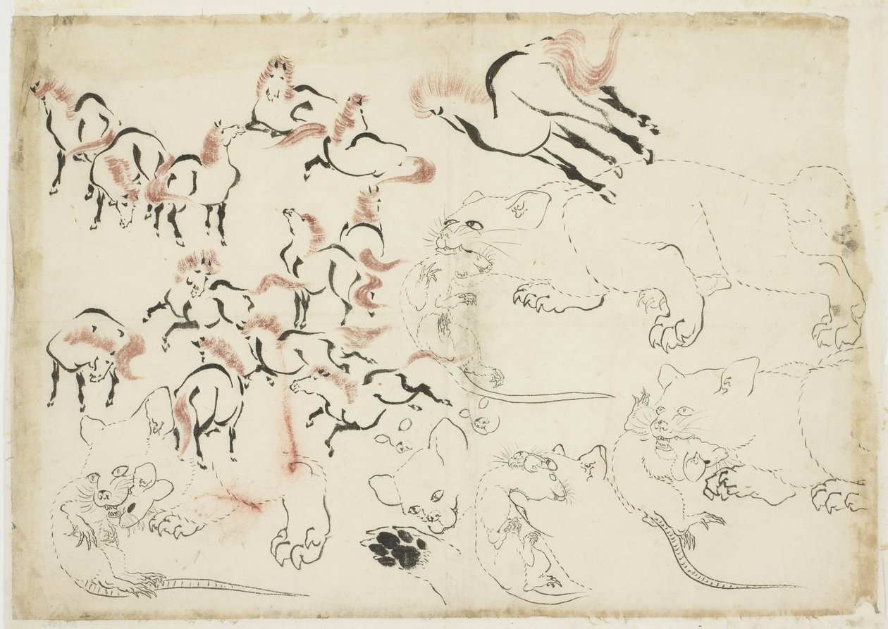 Studier af heste, katte og rotter (fra "Hokusai Manga"), ca. 1815-1849 (blæk og farve på papir) af Katsushika Hokusai