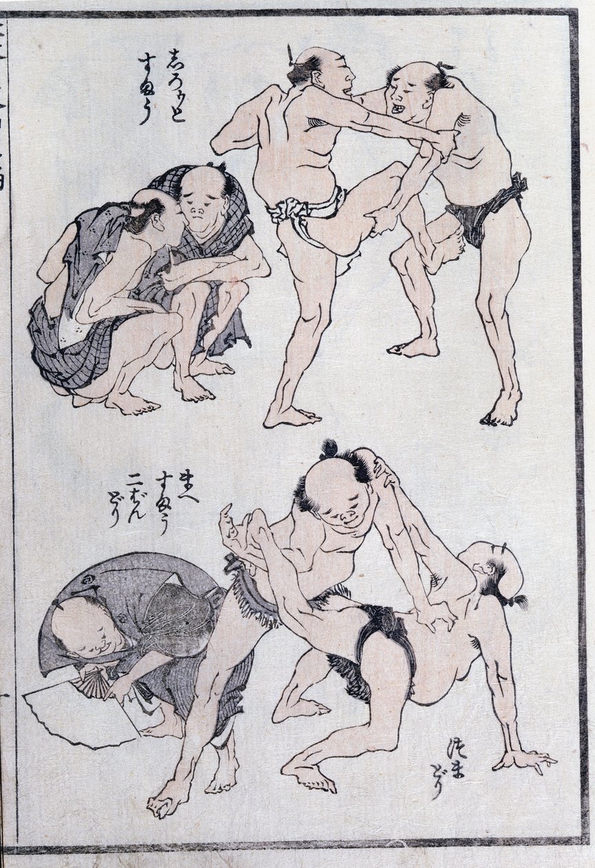 Studier af wrestlers gestik og kropsholdning, fra en Manga (farve-træsnit) af Katsushika Hokusai