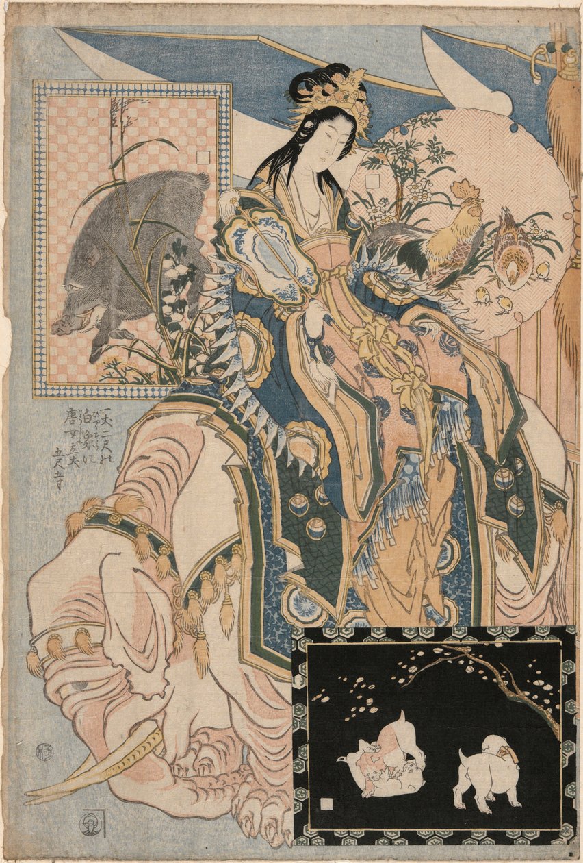 Tang Lady on a White Elephant, fra et sæt Reklame Giant Straw Works in a Fair Attraction af Katsushika Hokusai