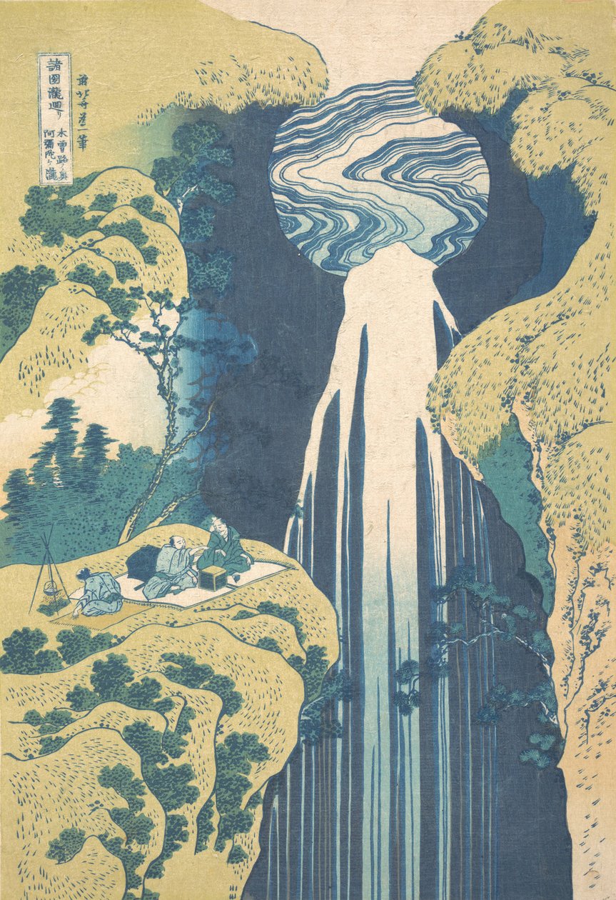 te amida fars medlemmer te wa r når af te base åbning nederste d bagsiden af ​​Kisoji strikning dargar vandfald. . . , myg. 1827. af Katsushika Hokusai