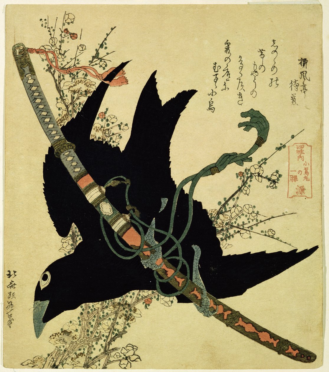 Den lille ravn med Minamoto-klanens sværd, ca. 1823 (farvetræsnit) af Katsushika Hokusai