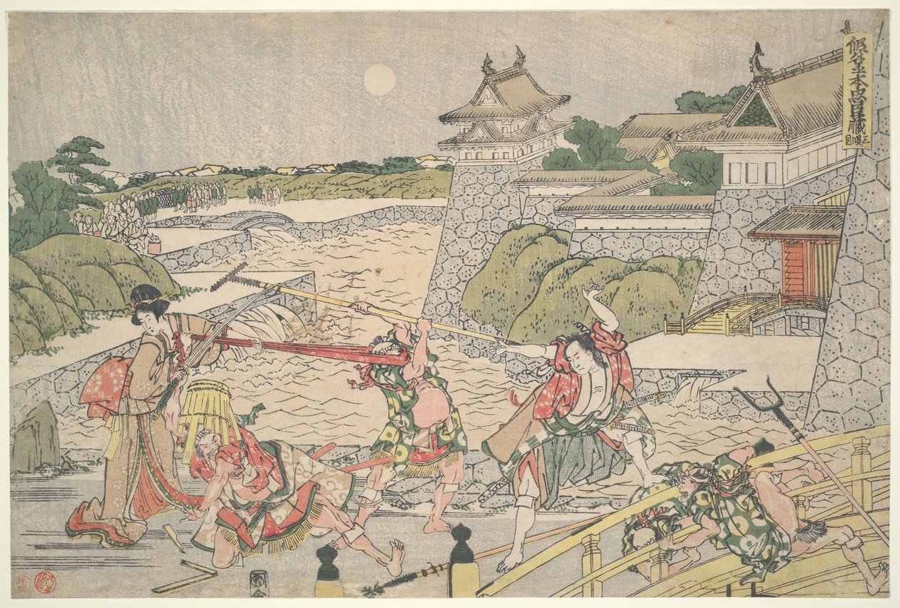 De 47 trofaste rōnin (Chūshingura),  3. akt: Kampei angribes af Bannai og hans mænd af Katsushika Hokusai