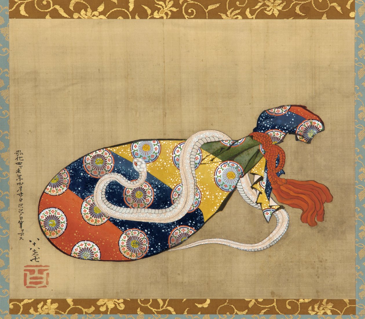 The Lute and White Snake of Benten, Edo-perioden, 1847 (blæk og farve på silke) af Katsushika Hokusai