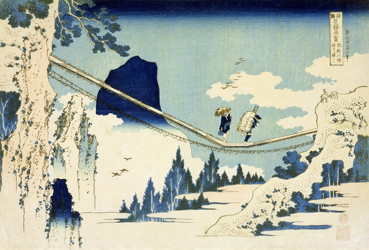 Hængebroen mellem Hida og Etchu (træbloktryk) af Katsushika Hokusai