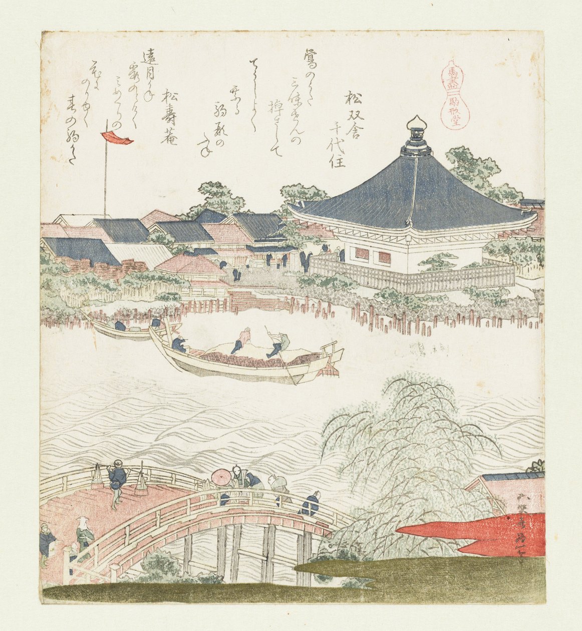 Bredden af Sumida-floden, Komatomeishi. Triptykon fra serien Umazukushi, højre del, 1822. af Katsushika Hokusai