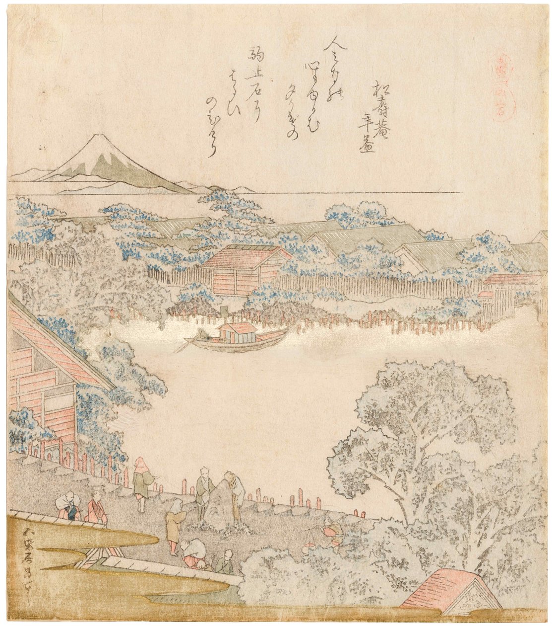 Bredden af Sumida-floden, Komatomeishi. Triptykon fra serien Umazukushi, venstre del, 1822. af Katsushika Hokusai