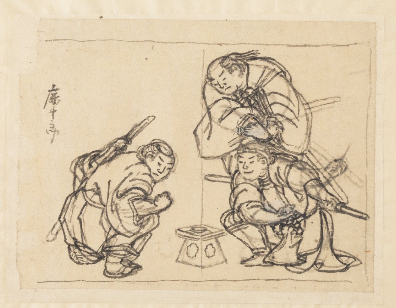 Tre mænd med et bakke af Katsushika Hokusai
