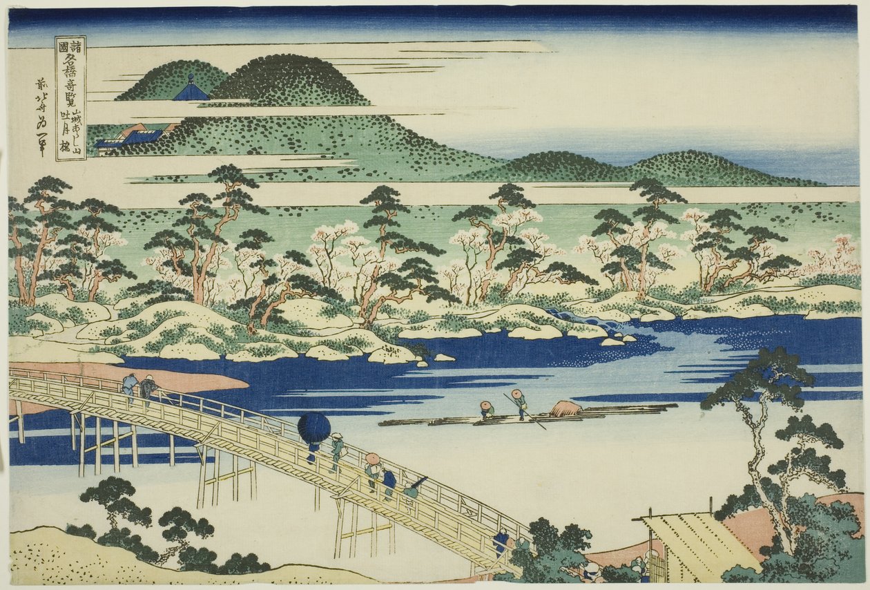 Togetsu-broen ved Arashiyama i Yamashiro-provinsen (Yamashiro Arashiyama no Togetsukyo), fra serien "Usædvanlige udsigter over berømte broer i forskellige provinser (Shokoku meikyo kiran)" af Katsushika Hokusai