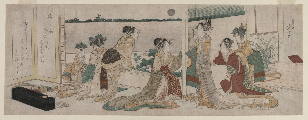 Tsukasa og andre kurtisaner fra Ogiya ser efterårsmånen stå op..., 1799. af Katsushika Hokusai