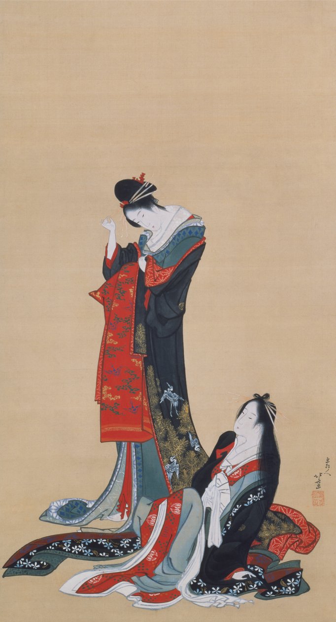 To kurtisaner, Edo-perioden, ca. 1805 (blæk og farve på silke) af Katsushika Hokusai