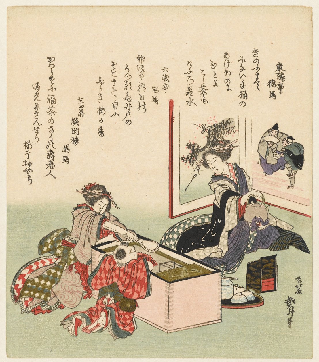 To kvinder og en dreng, der sidder ved en brazier af Katsushika Hokusai