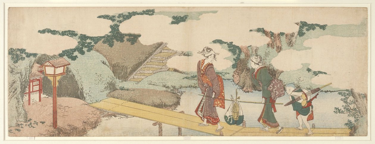 To kvinder og en dreng på strandpromenaden af Katsushika Hokusai