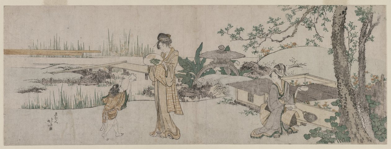 To kvinder og et barn ved siden af en guldfisketank, ca. 1800. af Katsushika Hokusai