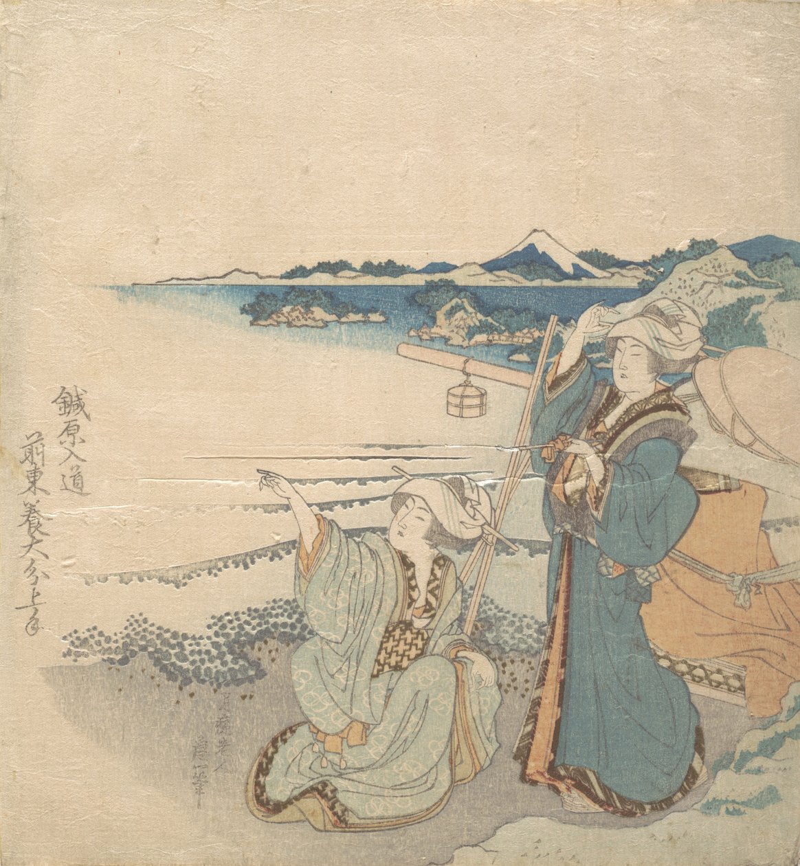 To unge damer ved kysten, én peger. af Katsushika Hokusai