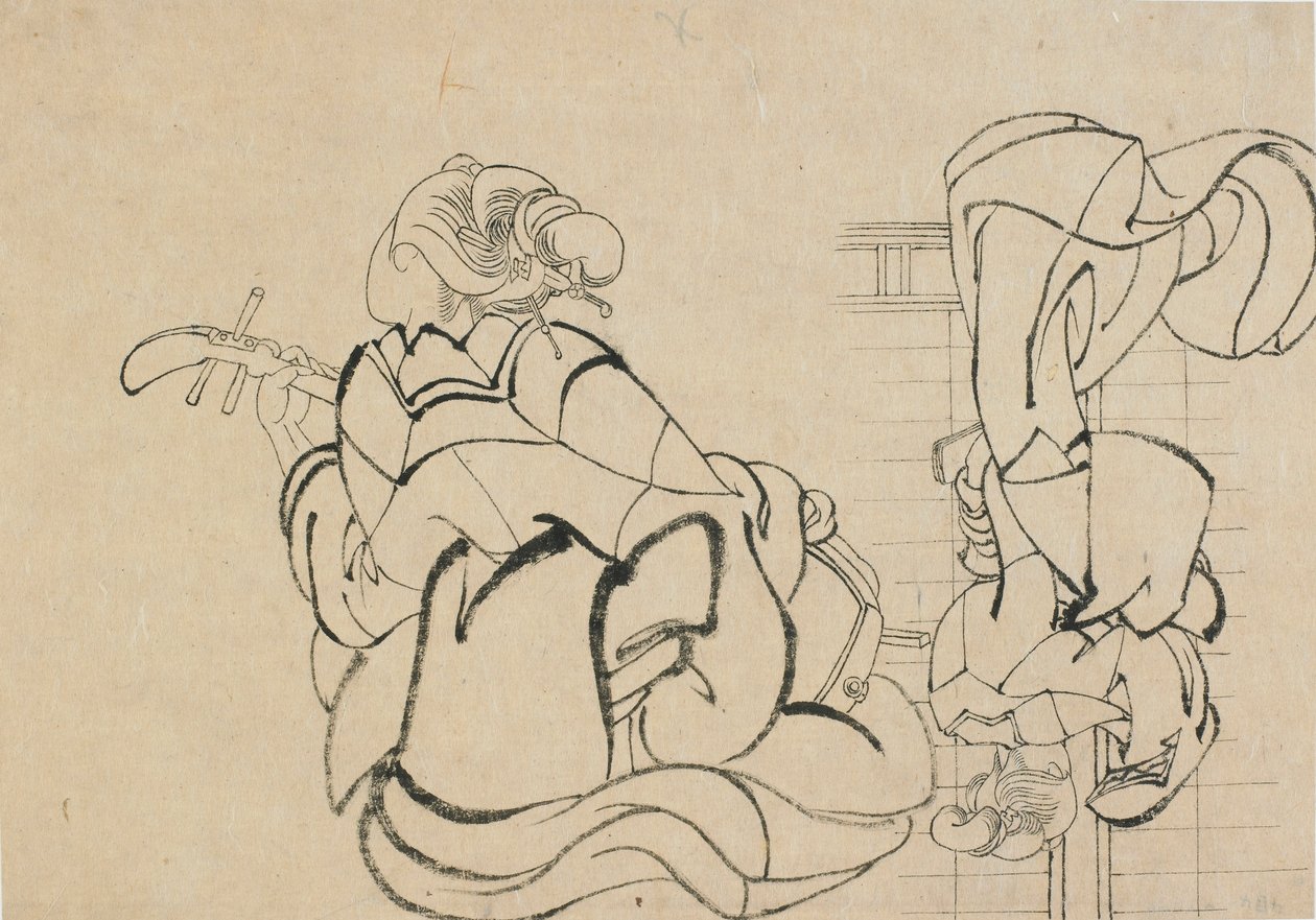To skitser: dame, der spiller samisen og dame med ryg til observatør..., slutningen af 1700-begyndelsen af 1800-tallet. af Katsushika Hokusai