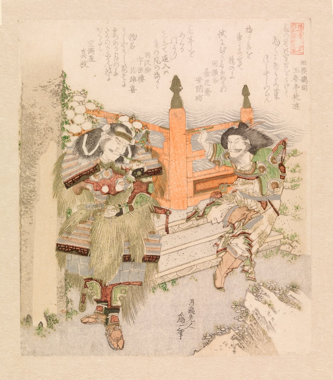 To krigere ryger en pibe ved en broindgang, ca. 1825 (farvetræsnit) af Katsushika Hokusai