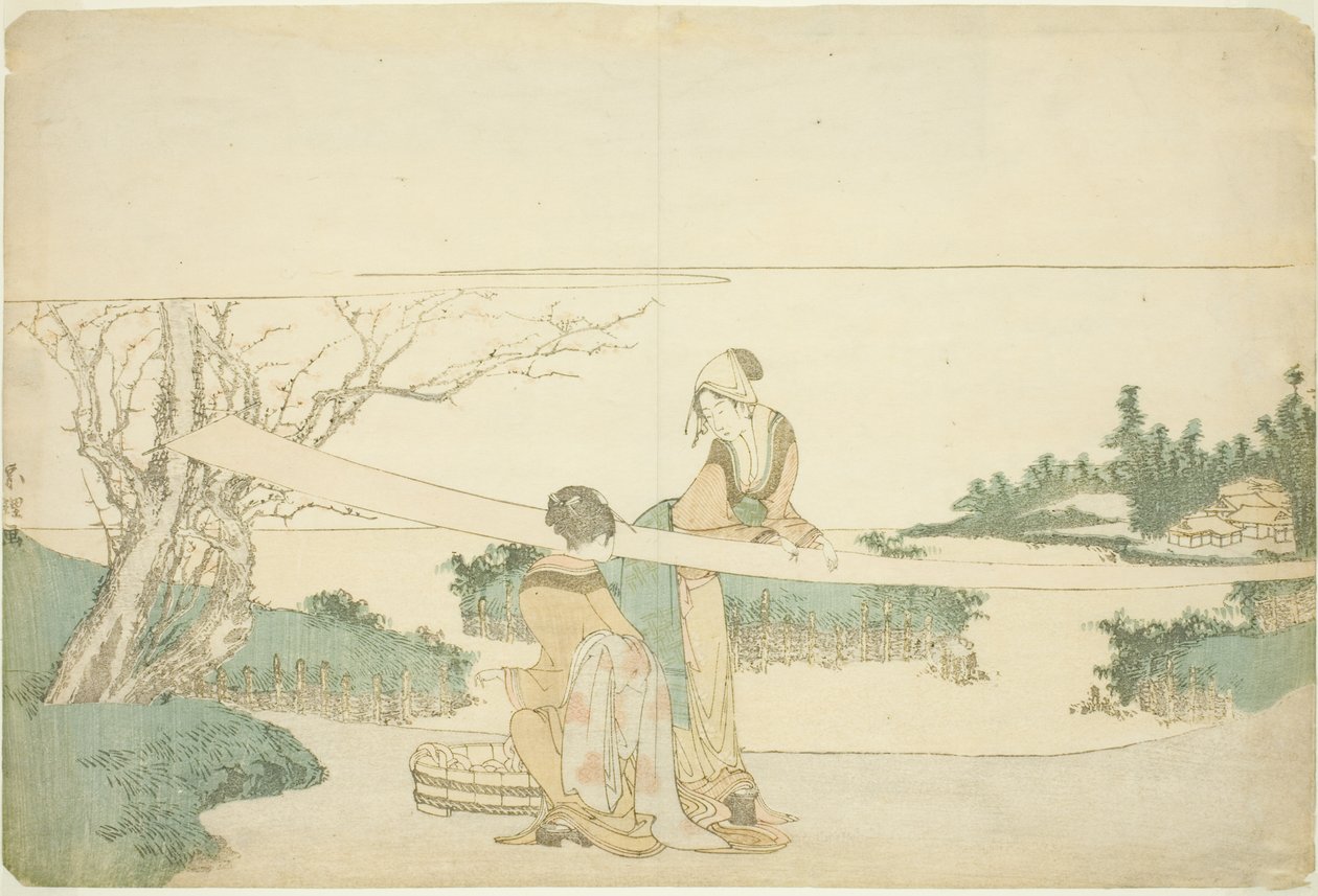To kvinder strækker tøj af Katsushika Hokusai