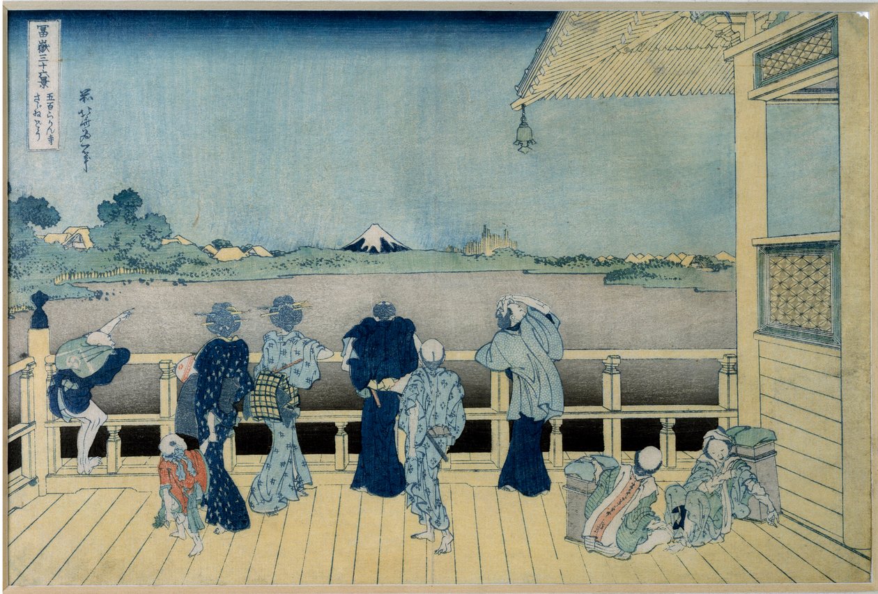 Udsigt over Mount Fuji i Japan, der beundrer Fuji-bjerget fra et hus på pæle. Serie "" The 36 views of Mount Fuji"" Japansk tryk af Katsushika Hokusai (1760-1849) 1829-1833 Søn. 36,9x24,8 cm Privat samling af Katsushika Hokusai