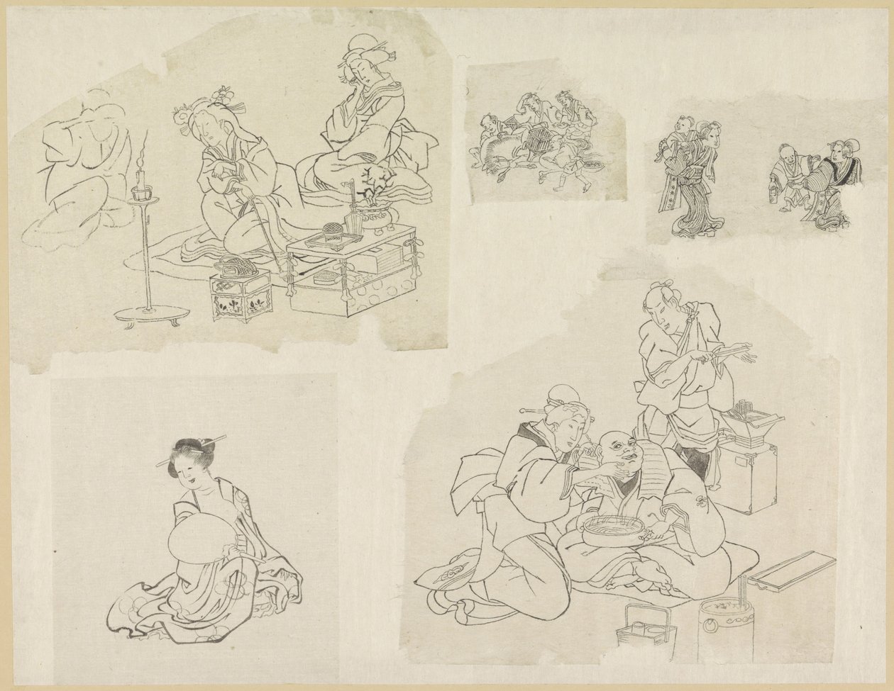 Fem repræsentationer af mennesker i forskellige situationer af Katsushika Hokusai