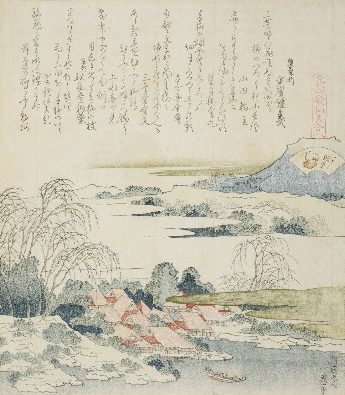 Landsby ved Yoshino-floden, illustration til The Brocade Shell af Katsushika Hokusai