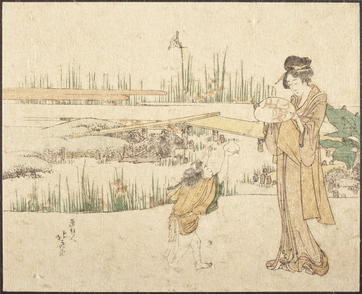 Kvinde og barn i en have; fragment af »Guldfiskesælgeren« af Katsushika Hokusai