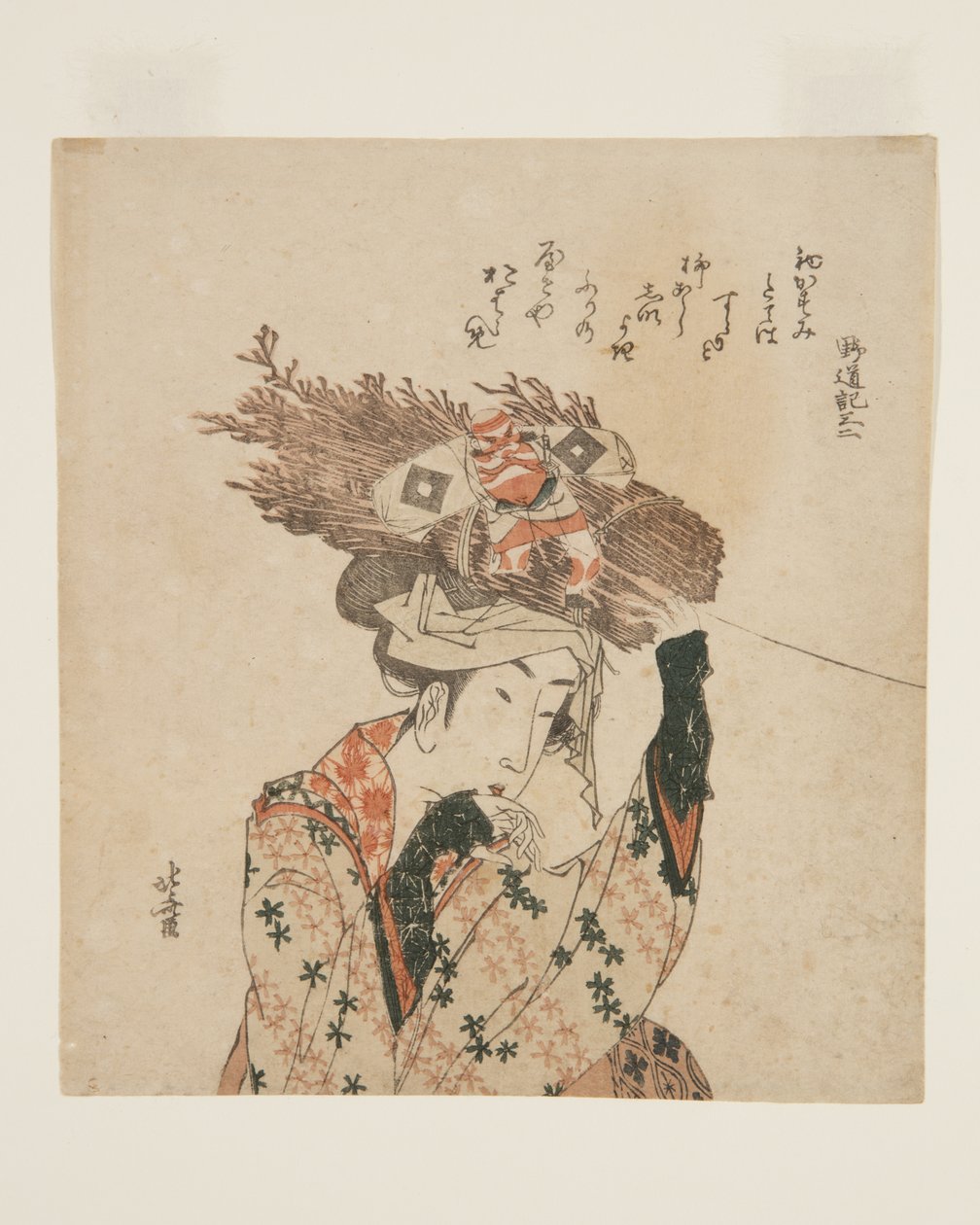 Kvinde fra ?hara med brændebundt og drage (farvet træbloktryk) af Katsushika Hokusai