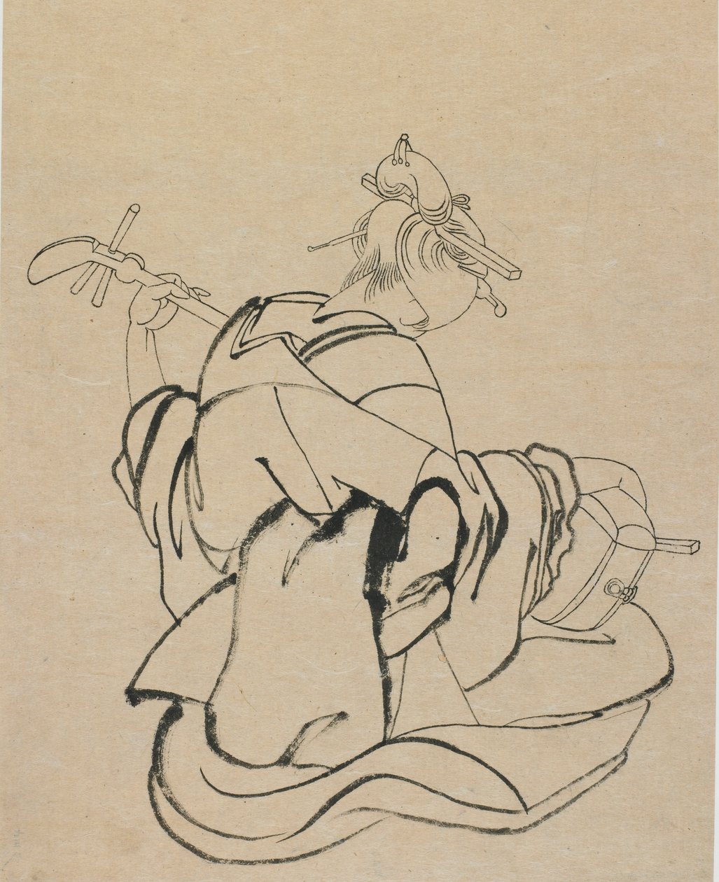 Kvinde med ryg til observatør, der spiller samisen, slutningen af det 18.-begyndelsen af det 19. århundrede. af Katsushika Hokusai