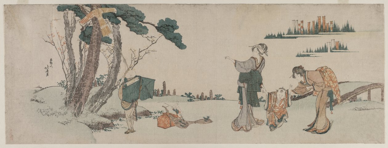 Kvinder, der distraherer et barn, hvis drage er fanget i et træ af Katsushika Hokusai