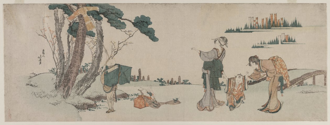 Kvinder, der distraherer et barn, hvis drage er fanget i et træ, ca. 1800. af Katsushika Hokusai