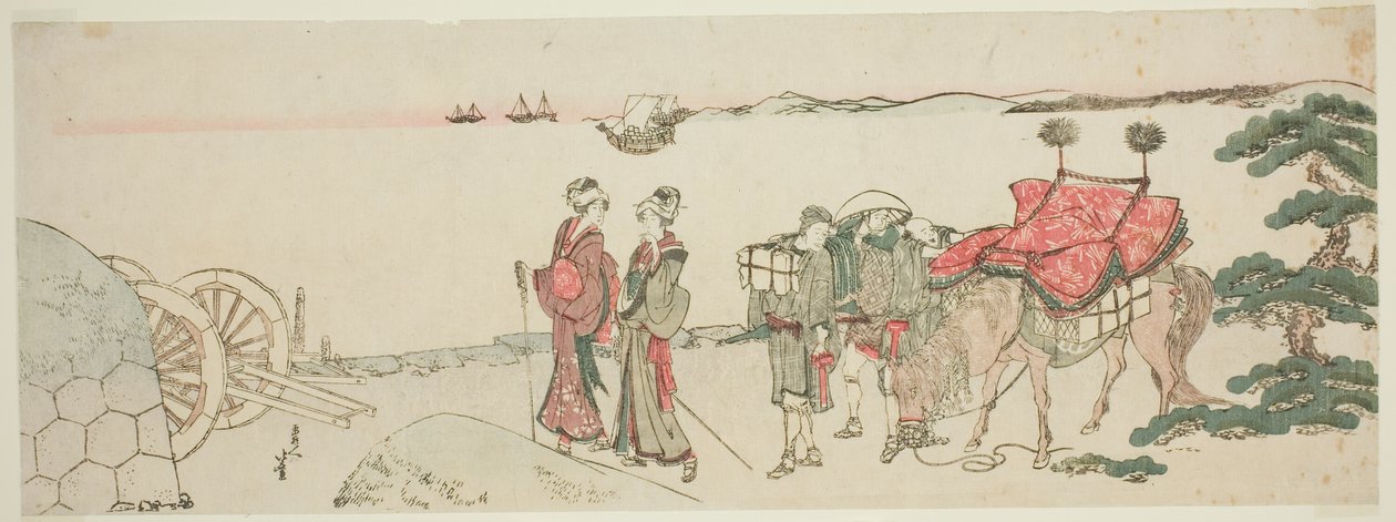 Kvinder og ledsagere ved stranden i Tanakawa af Katsushika Hokusai