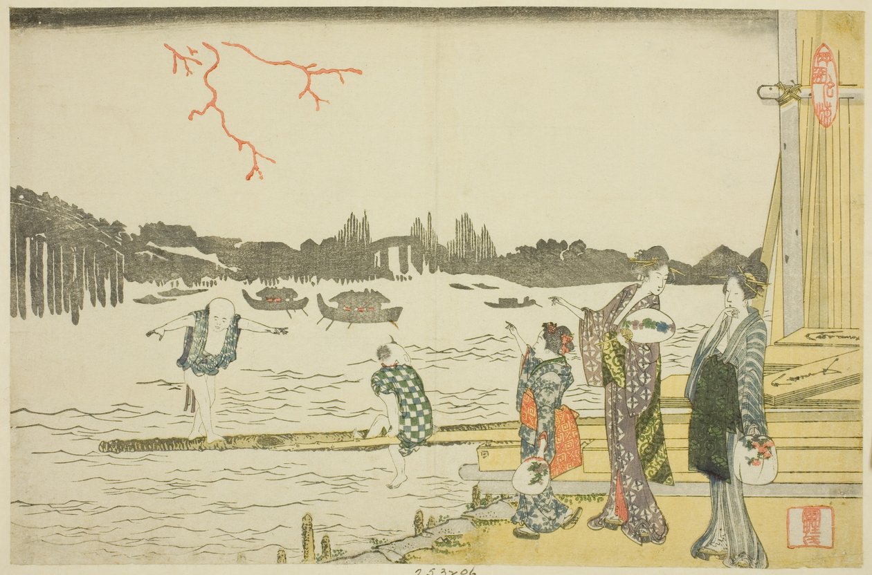 Kvinder og børn ser fyrværkeriet af Katsushika Hokusai