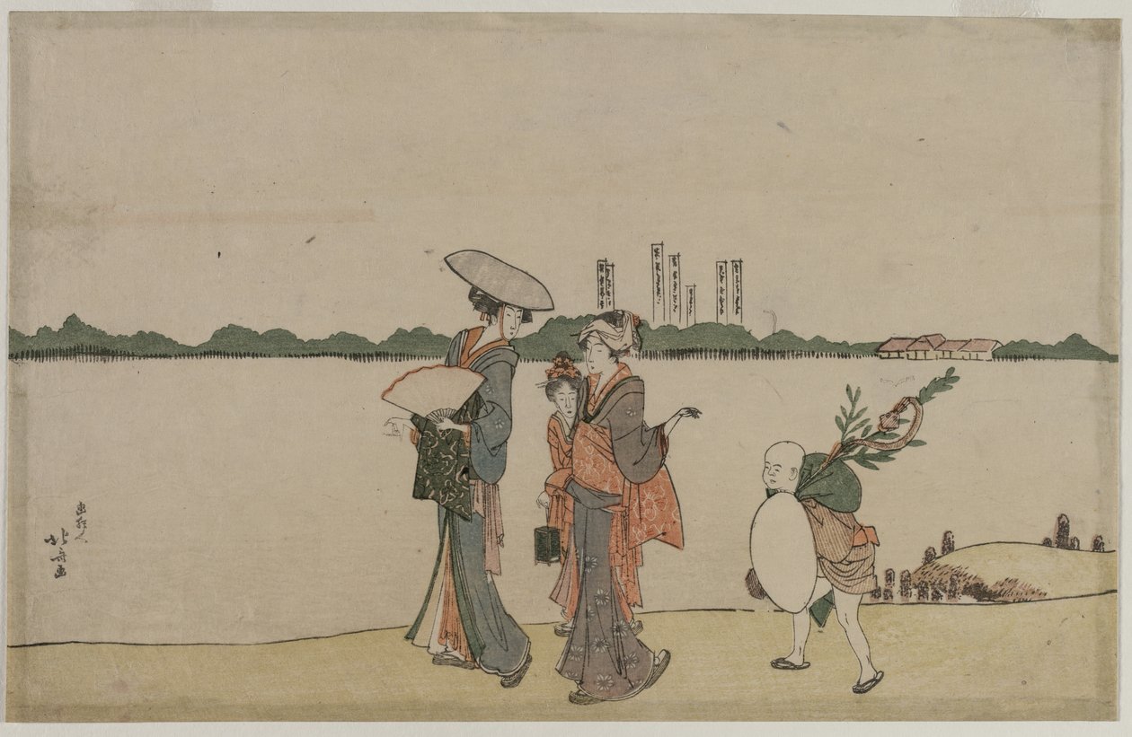 Kvinder og børn går langs Sumida-floden af Katsushika Hokusai
