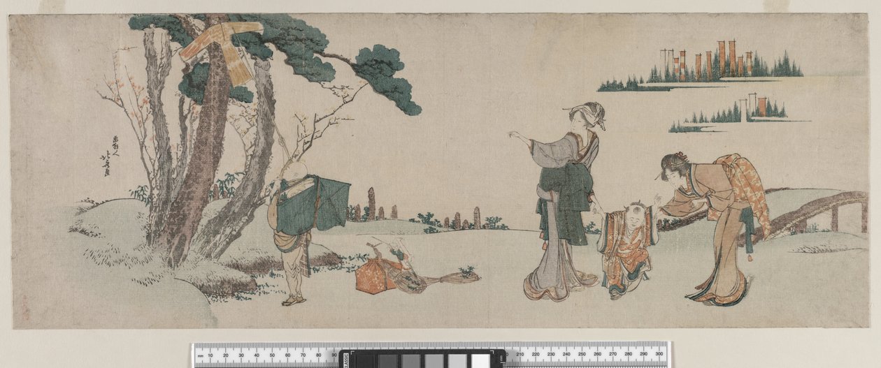 Kvinder, der distraherer et barn, hvis drage er fanget i et træ, Edo-periode, ca. 1800 af Katsushika Hokusai