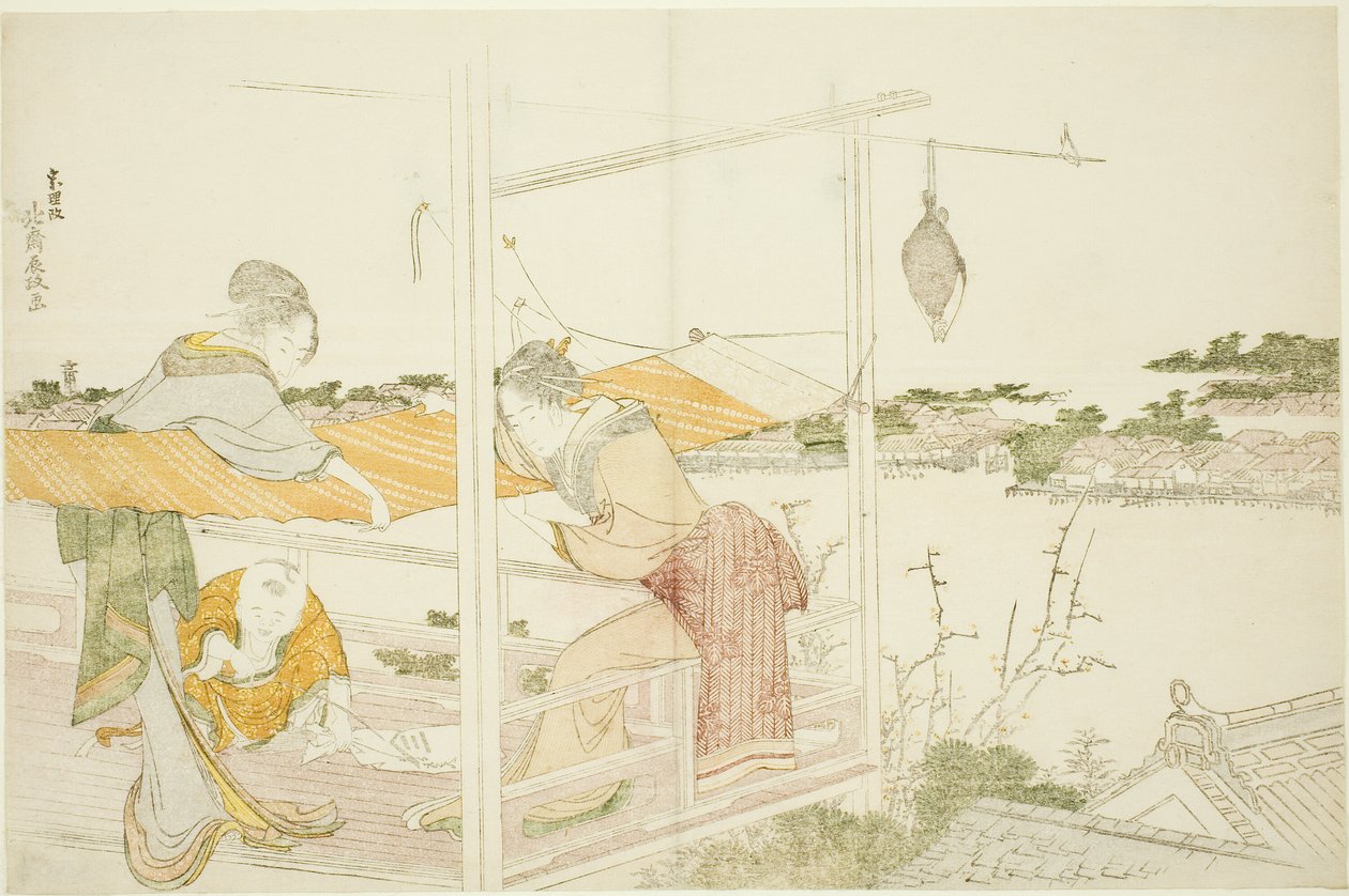 Kvinder på en veranda strækklud til tørring af Katsushika Hokusai