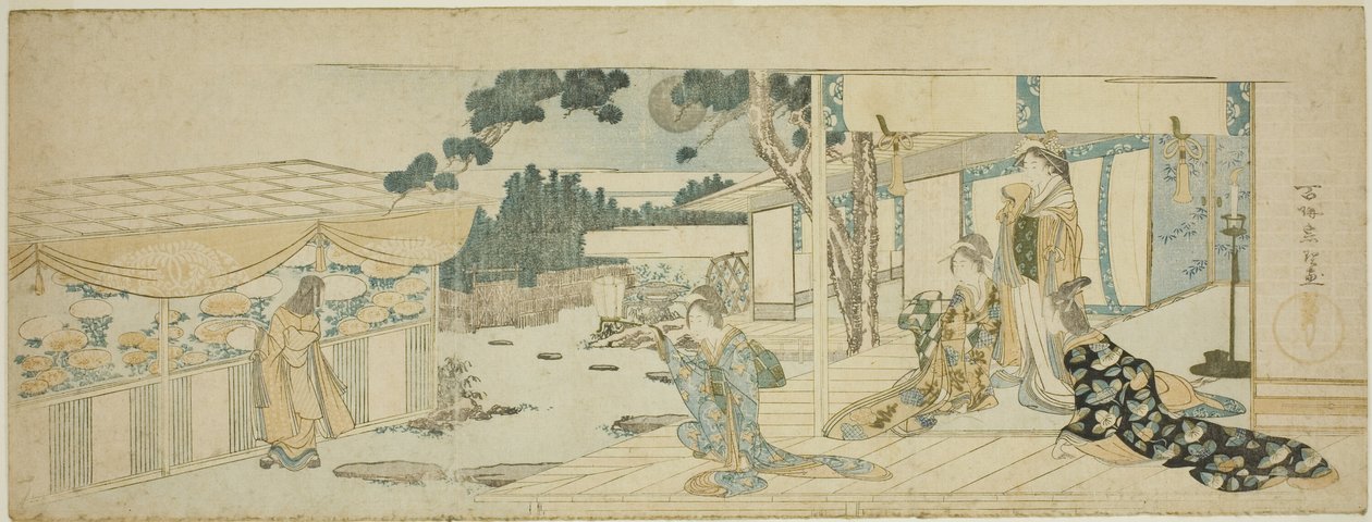 Kvinder på verandaen ser på en pige, der plukker blomster af Katsushika Hokusai
