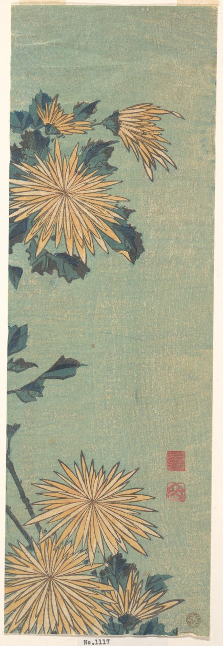 Gule krysantemum på blå baggrund af Katsushika Hokusai