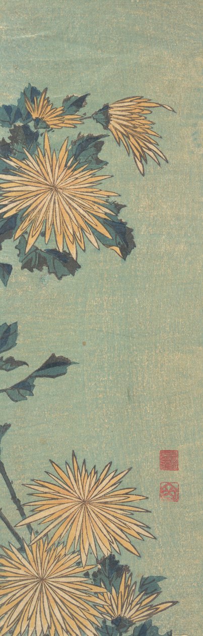 Gule krysantemum på en blå grund, ca. 1825. af Katsushika Hokusai