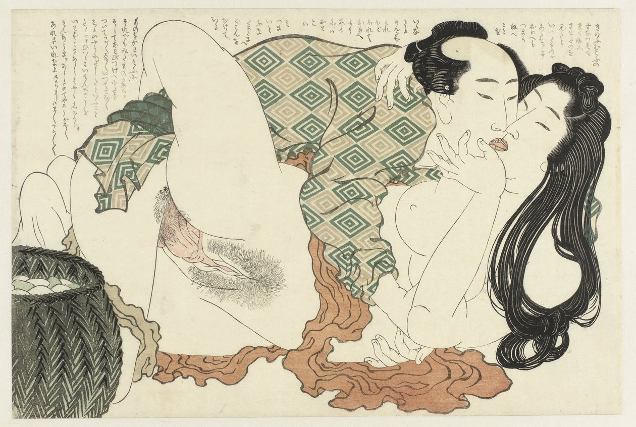 Kysser fisker og dykker Adonis-planten (serietitel) Fukujuso (serietitel) af Katsushika Hokusai