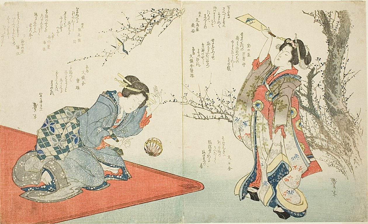 To kvinder spiller fjerbold af Katsushika Taito II