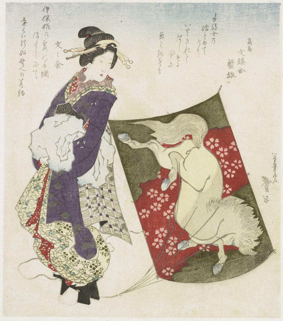 Kvinde stående på snoren af en drage af Katsushika Taito II