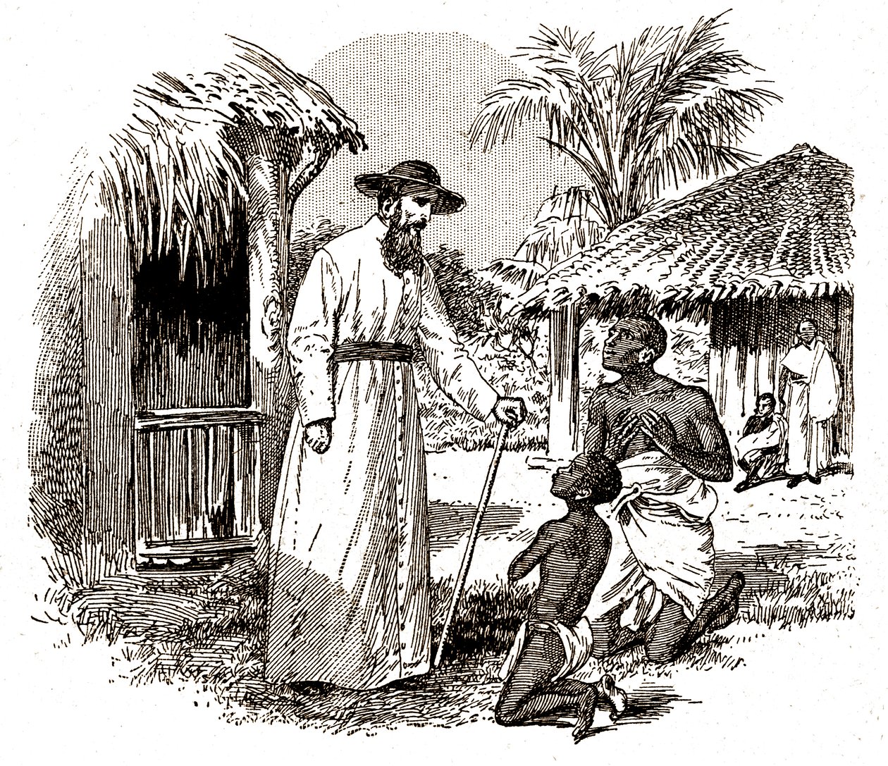 En katolsk missionær i Afrika, der praktiserer en omvendelse på et barn og hans far, ca. 1900 (gravering) af Alec Hunter
