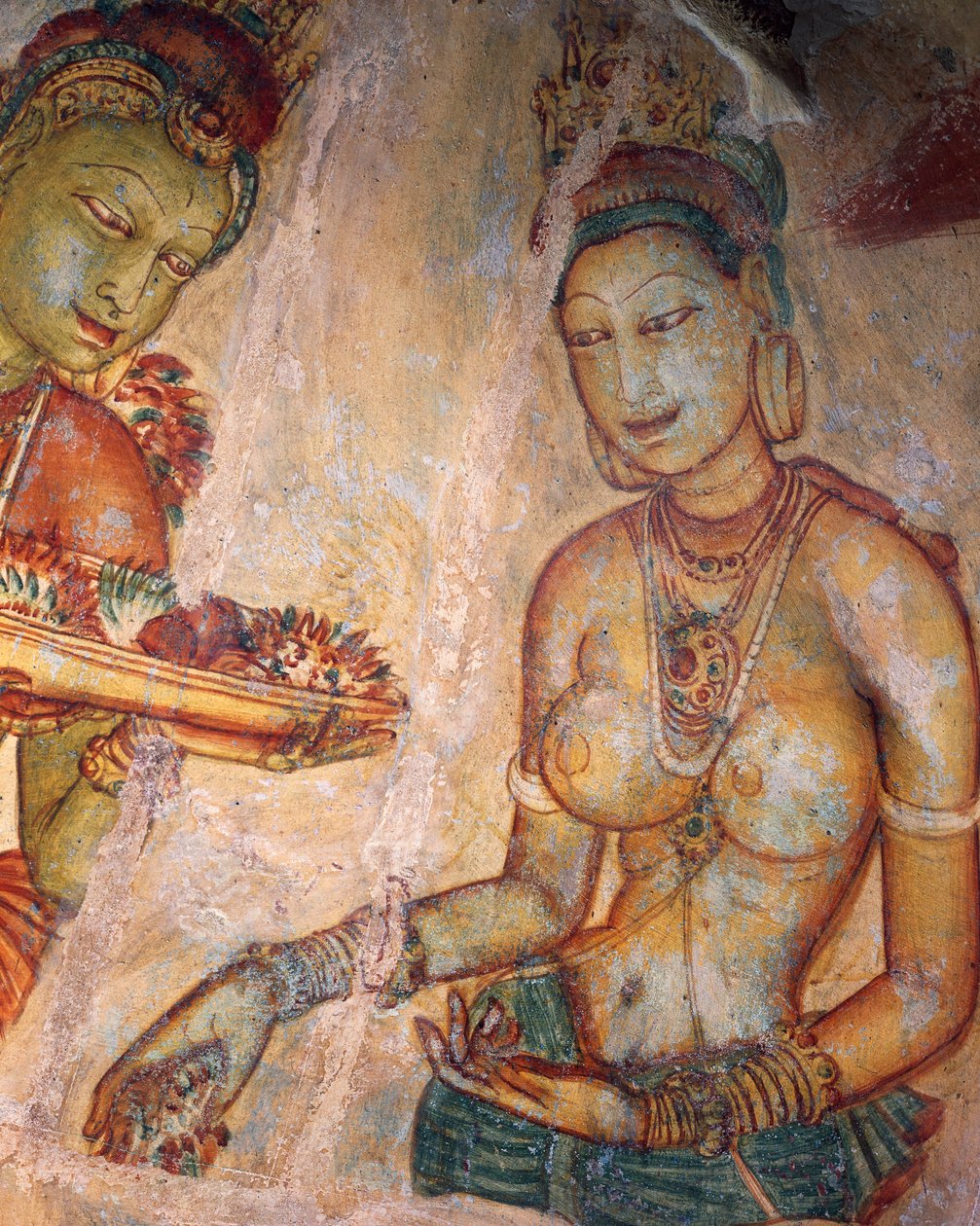 Apsaras, himmelsk nymfe, der byder på blomster, fresco, befæstet citadel i Sigiriya (UNESCOs verdensarvsliste af Alec Hunter