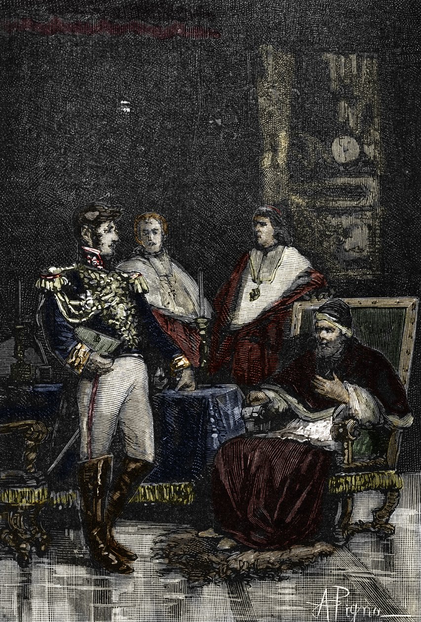 General Cervoni tilkaldte pave Pius VI til at abdicere sin timelige suverænitet i 1798. 1882 (Gravering) af Alec Hunter