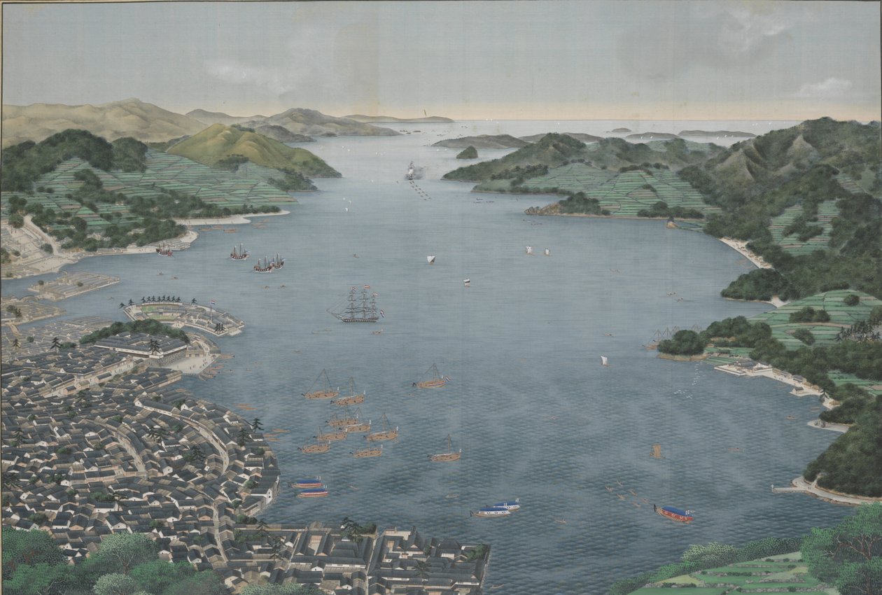 Nagasaki Havn, ca. 1800-50 (silkemaleri) af Kawahara Keiga