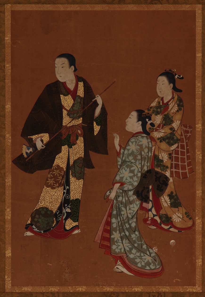 En mand, muligvis en skuespiller, og to piger, Edo-periode, 1700-tallet. af Kawamata Tsuneyuki