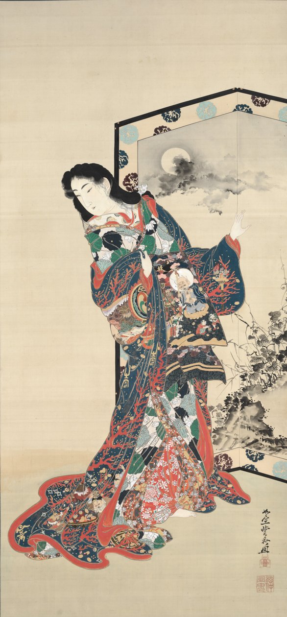 Skønhed før en skærm, 1800-tallet. af Kawanabe Kyosai