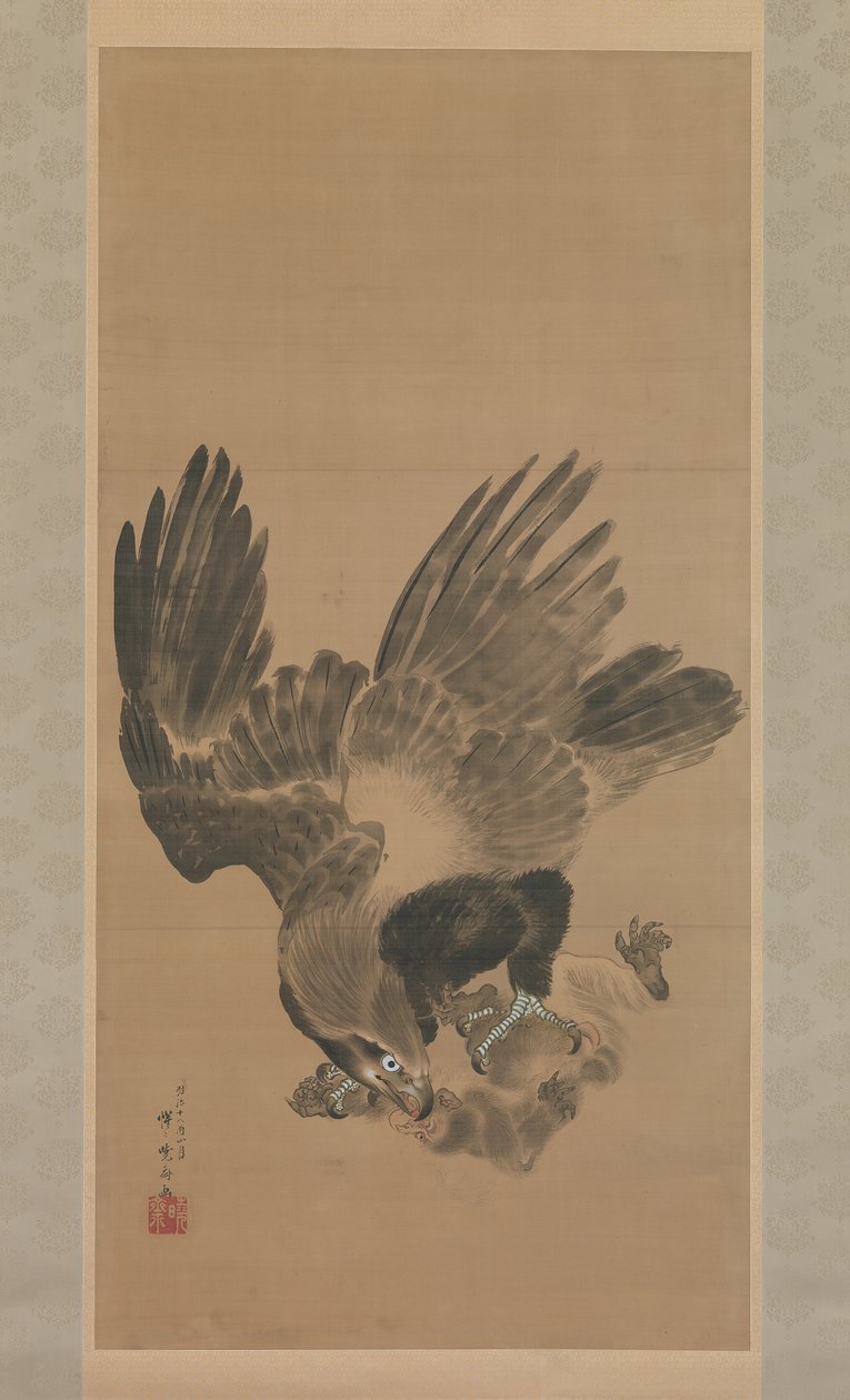 Ørn angriber en abe, 1885. af Kawanabe Kyosai