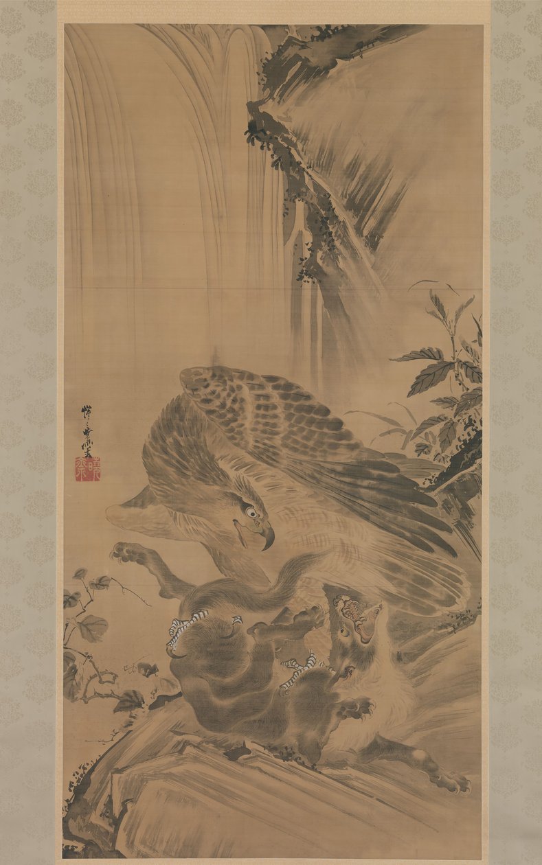 Ørn angriber en bjergløve, 1885. af Kawanabe Kyosai