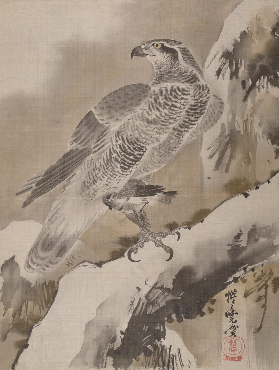 Ørn der holder lille fugl, ca. 1887. af Kawanabe Kyosai